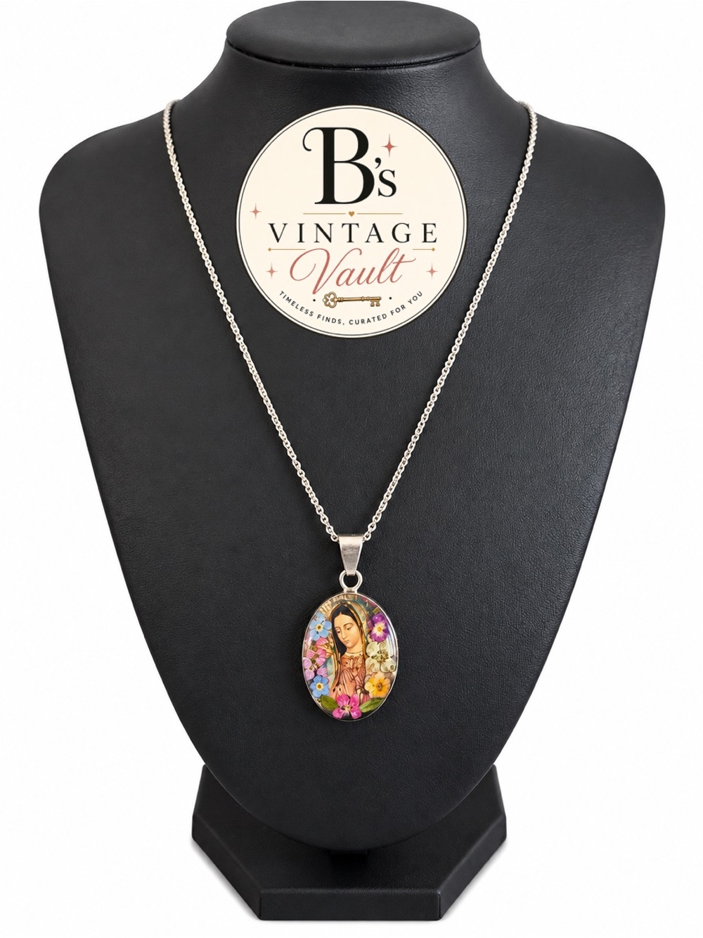 Small Floral Oval Medal Pendant Necklace in Multicolor Made in Mexico 925